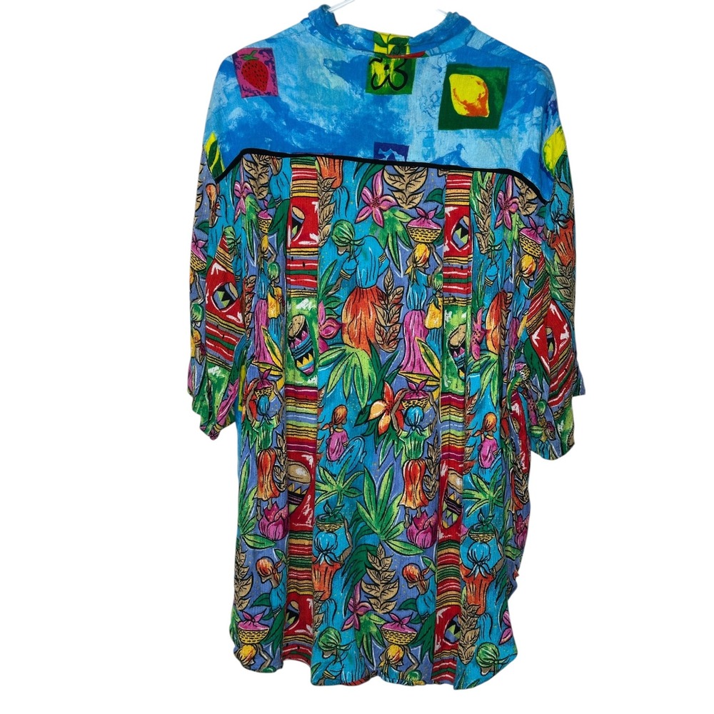 BOP Button Shirt 2X Blue Multi Caribbean Novelty Print Art to Wear Rayon Top - Picture 3 of 8